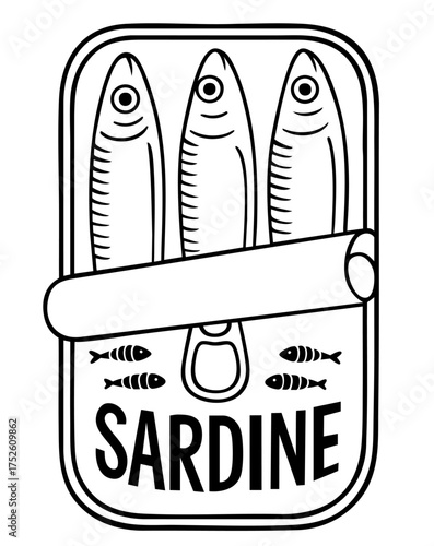 Tin of sardines with label and three fish inside. 