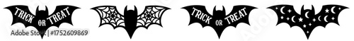 Halloween bat silhouettes set with ornate wings decorated by spiderwebs, skulls, pumpkins, crosses and haunted patterns	
