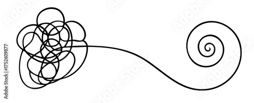 tangled line turning into simple spiral, moving from complexity to simplicity, chaos to clarity