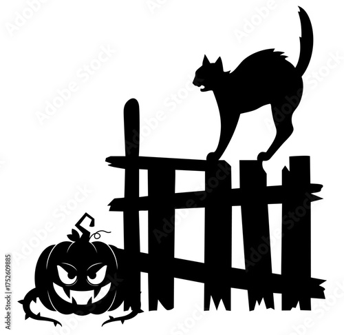 Black cat on wooden fence with pumpkin below. angry black cat standing on old fence and evil pumpkin below