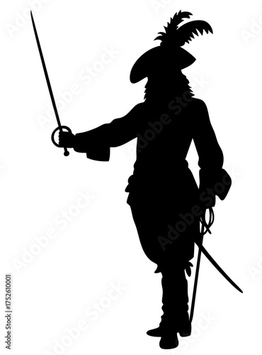 Male pirate with feathered hat and rapier, corsair silhouette ready for duel	
