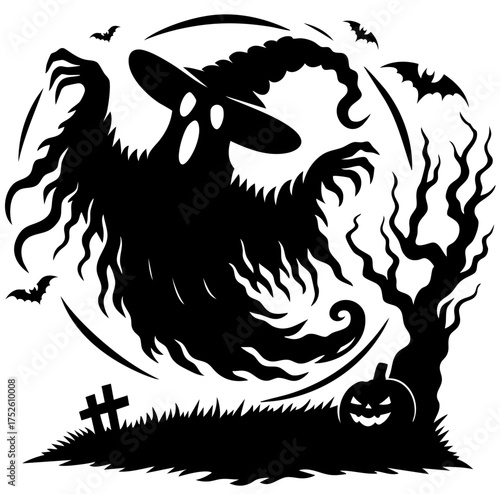 Faceless ghost in witch hat floating above cemetery under bloody moon, shredded phantom body like dark mist, haunted tree with twisted branches, jack o lantern and flying bats