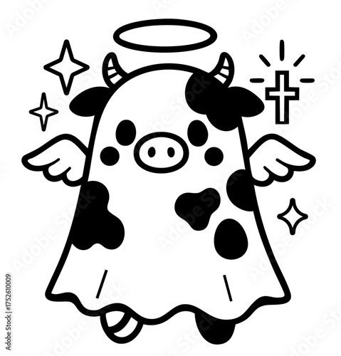 cow dressed as ghost with wings, halo above head, cross and sparkles around