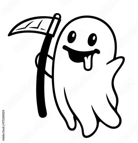 silly ghost with long tongue out, holding a sharp scythe, floating in the air