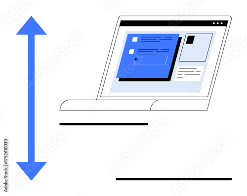 Laptop screen with webpage layout and vertical resizing arrow emphasizing responsiveness. Ideal for web design, digital tools, interface scaling, accessibility, UX concepts, adaptability, simple flat