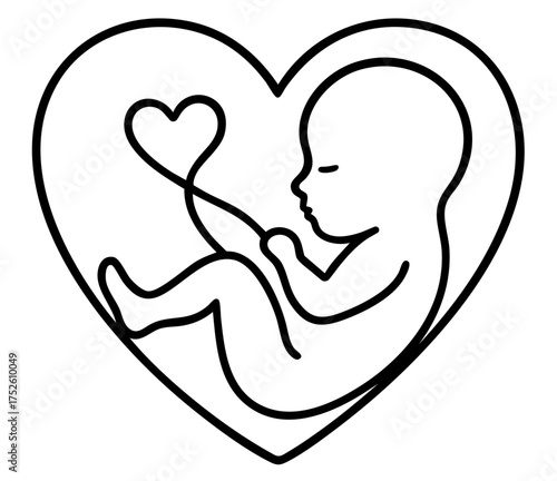 Early pregnancy ultrasound, unborn baby in heart shape with umbilical cord