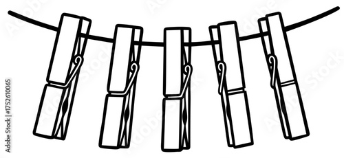 Clothespins on clothesline, household tool for drying laundry and everyday domestic use	
