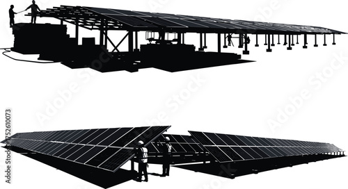 Solar panel installation silhouette vector, roof-mounted and ground-mounted systems, renewable energy workers, clean power infrastructure, black graphic icon, sustainable tools