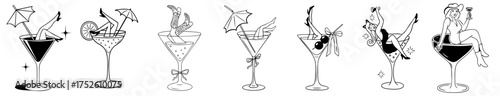 girls in cocktail glasses, women's legs and figures in a martini glass