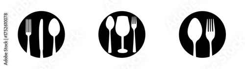 Restaurant logo set, fork, knife, spoon and wine glass icons in round black badges