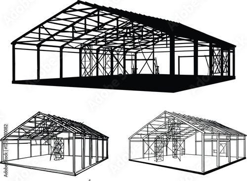 Steel frame building structure, architectural engineering drawing, industrial construction design, perspective and side views, metal framework, technical blueprint illustration, vector art