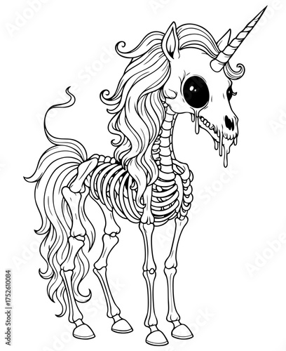 Zombie unicorn skeleton — creepy mythical horse with dripping skull and hollow eyes
