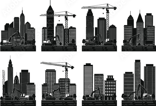 Urban construction silhouette vector, city skyline with cranes, excavators, cement mixers, infrastructure development, modern architecture, high-rise buildings, industrial city growth