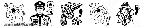 Detective and crime investigation set — police officer, chalk outline, revolver, and detective search elements