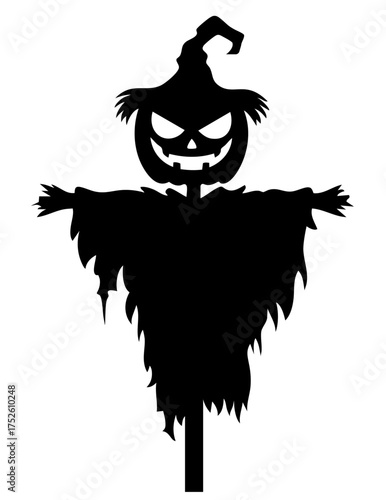 Scary scarecrow with twisted pumpkin head and long ragged cloak, halloween haunted figure
