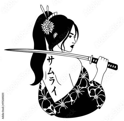 Japanese samurai woman with katana and flower hairpin. kanji tattoo on her back