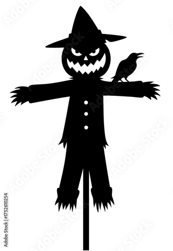 Halloween scarecrow with witch hat, pumpkin head and crow perched on shoulder	
	
