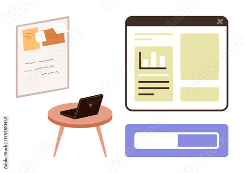 Tablet with web analytics, desk with laptop, and bulletin board design for teamwork, planning, collaboration, productivity, remote working, data analytic insight, minimalistic flat metaphor