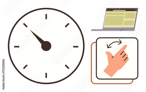 Clock indicates time awareness, laptop with web browser highlights multitasking, and gesture symbolizes interaction and task shifting. Ideal for productivity, scheduling, workflow, multitasking, time