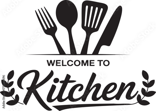 Welcome to kitchen graphic with fork spoon spatula and knife in black and white illustration style