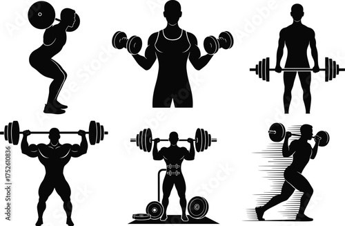 Weightlifting silhouette vector illustration, barbell and dumbbell exercises, strength training poses, black and white fitness art, gym workout concept design