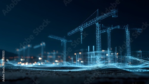 Illuminated construction site at night with towering cranes and glowing blue light trails creating an abstract urban landscape