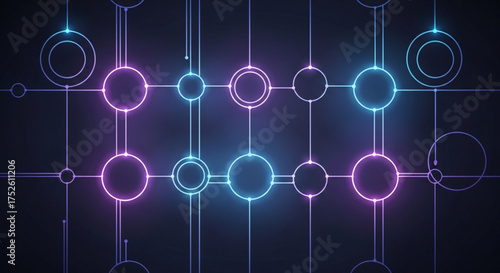 Futuristic neon grid with glowing circles and lines in pink and blue, creating a hightech and modern background, perfect for digital designs