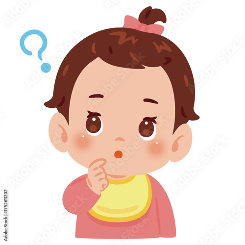 疑問を持つ女の子の赤ちゃん　上半身イラスト／Curious Baby Girl with Questioning Expression　upper body illustration