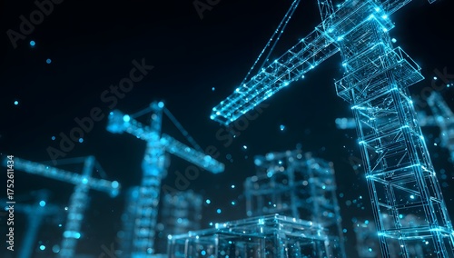 Futuristic digital construction site with glowing blue wireframe cranes and buildings illuminated by particles