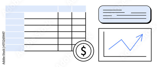 Table with data, a dollar sign, a text box, and a chart with upward-trending arrow. Ideal for finance, budgeting, accounting, analytics reporting investment and business planning. Simple flat
