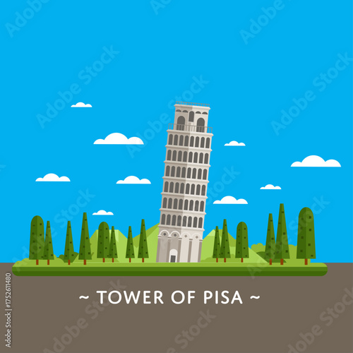Leaning Tower of Pisa, cartoon vector art illustration