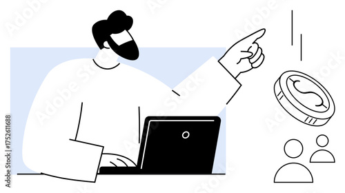 Male figure interacts with laptop, gestures toward coin and users. Ideal for teamwork, investment, donation, finance, crowdfunding, digital economy leadership themes. Simple flat metaphor