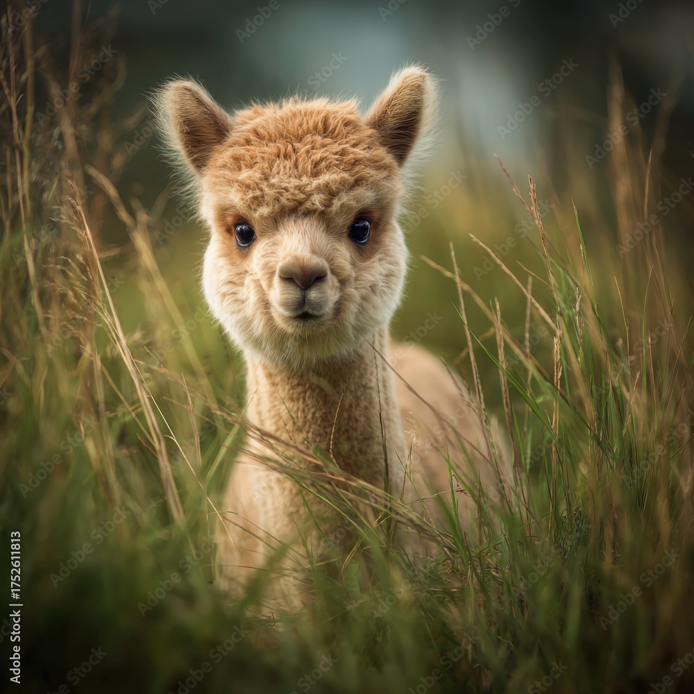 Fototapeta premium Adorable Alpaca Cub in Lush Green Meadow, Natural Portrait.