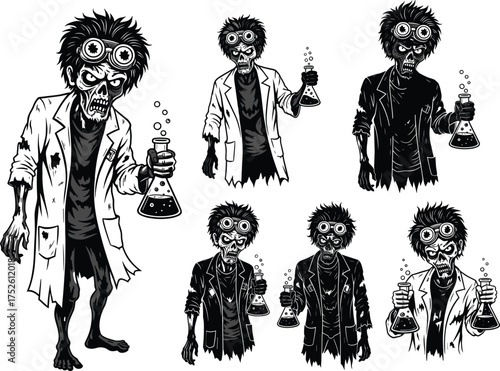 Zombie scientist, horror lab character, grotesque undead chemist, Halloween mad doctor, creepy experiment vector, black-and-white illustration, science fiction monster design