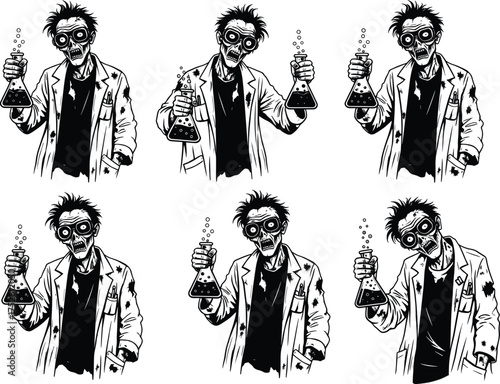 Zombie scientist vector illustration, mad undead chemist with bubbling flask, horror science character design for Halloween, spooky lab experiment concept art