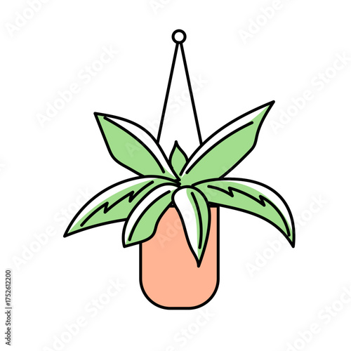 吊り鉢に植えられた観葉植物のベクターイラスト｜ナチュラルな色合いと柔らかな線で描かれたデザインで、室内装飾やボタニカルデザイン、エコイメージの背景素材にも最適