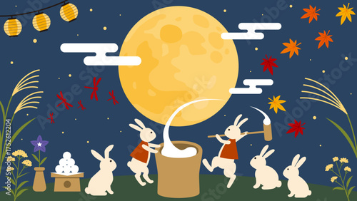 Otsukimi (Japanese moon-viewing) illustration with full moon, rabbits, and autumn flowers／お月見イラスト素材　満月と餅つきうさぎ・秋の草花（文字なし）