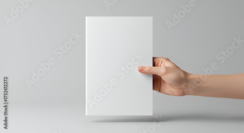 Elegant display of a blank white book cover held by a hand for creative design