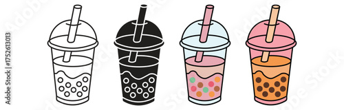 Boba or bubble milk tea drink icons. Tapioca pearls boba tea drink, Taiwan milk tea, soft flavored drinks flat vector illustration set. Hand drawn bubble tea ,vector illustration.