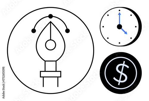 Pen tool icon, clock with arrows pointing at time, and dollar sign inside circle. Ideal for creativity, productivity, efficiency, time management, financial planning, strategy simple flat metaphor