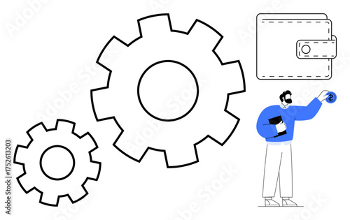 Gears symbolize processes, wallet signifies savings, man holding coin represents finance and growth. Ideal for business strategy, money management, innovation, teamwork, efficiency, planning simple
