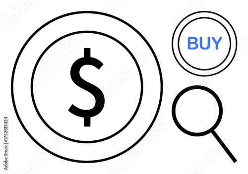 Dollar sign within a circle alongside magnifying glasses and Buy text. Ideal for e-commerce, online marketing, investment, finance management, consumer behavior, research, simple flat metaphor