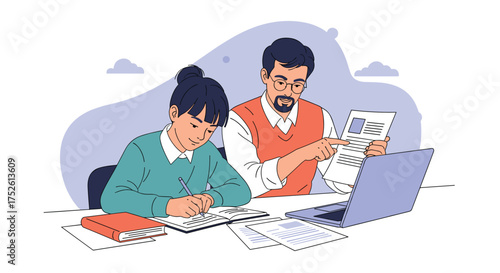 A teacher guides a student through a math lesson with a laptop and papers on the desk.