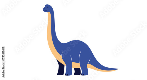 A long necked blue dinosaur with a yellow belly standing on a white background.