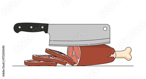 A large chef's knife slicing into a raw piece of meat with a bone attached.