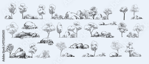 Set of trees , bushes, stones, rock and grass hand drawing nature and landscape element illustration. Line art sketch isolated on white background.