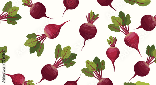 A vibrant collection of fresh red beetroots with green leaves scattered across a light background creating a lively and organic pattern.