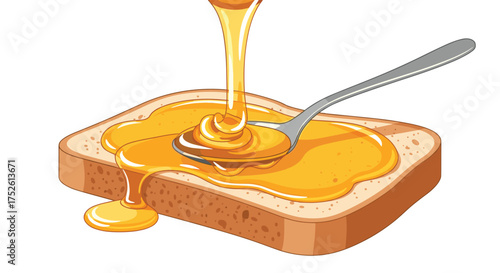 Golden sweet honey drizzling onto a slice of bread with a spoon capturing some of the delicious nectar.