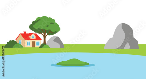 A picturesque rural landscape with a house a tree and a small island in a lake.