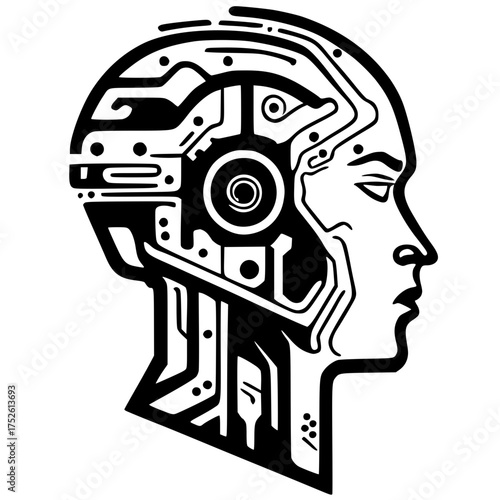 Artificial intelligence cyborg head with circuit board pattern. Robot human profile with technology elements. Perfect for AI, machine learning, futuristic tech, robotics, digital innovation design con